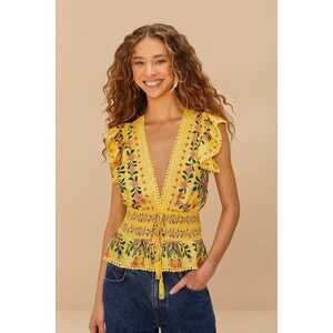 FARM RIO Anthropologie Yellow Delicate Flowers Stripes Blouse NEW NWT